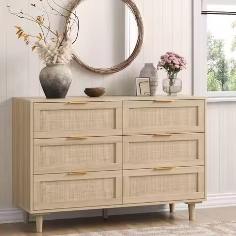 Modern 6 Drawers Dresser, 47″ Wide Wood Dressers & Chests of Drawers w/Curved Profile Design, Natural Texture for Bedroom. https://tinyurl.com/237yug3r