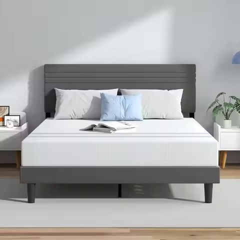 Bed Frame with Iron Piece Decor, Faux Leather Upholstered Platform Bed with Adjustable Headboard & Strong Wooden Slats Bed Frame https://tinyurl.com/22s6jff2