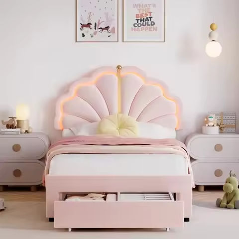 Modern wood twin size Children Beds, Twin Size Platform Bed Frame with Storage Shelves and Drawer for Kids Room https://tinyurl.com/2535jxnw