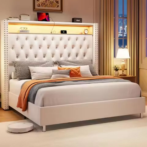 California King Bed Frame, Storage Headboard with Charging Station, Platform Bed with Drawers, Vintage Brown and Gray https://tinyurl.com/2agr6qnb