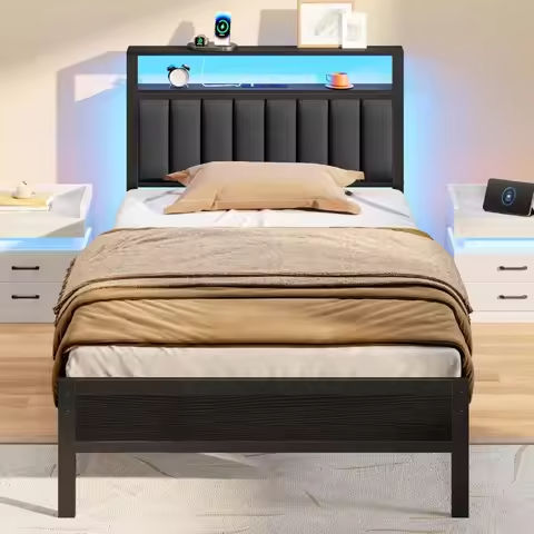 Queen Size Bed Frames LED Lights, Upholstered Platform Bed Charging Station, Storage Space Under The Bed, Steel Slat Support https://tinyurl.com/2bg7ylr4