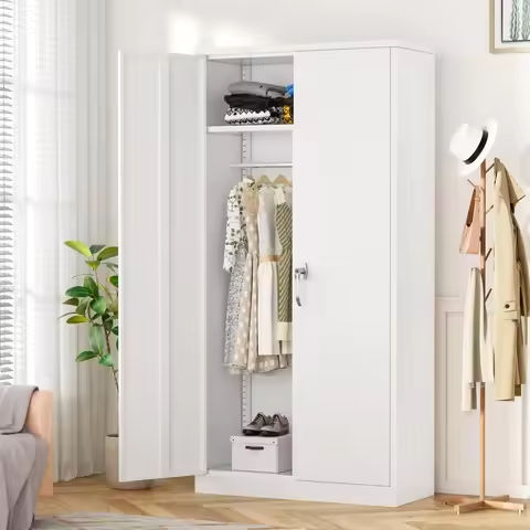 71″ H Metal Tall Armoire Wardrobe Closet with Drawer,Household Steel Wardrobe Storage Cabinet with Drawers https://tinyurl.com/27vudu53