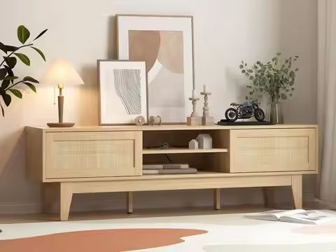TV Stands for Living Room, Mid Century Modern TV Stand for 60/65/75 inch TV, Farmhouse Entertainment Center with Storage, Boho T https://tinyurl.com/2ax4gywo