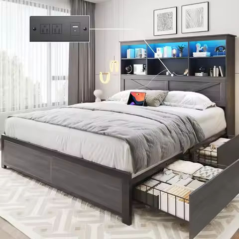Led Bed Frame Size with Charging Station, Industrial Platform Bed Frame with Rustic Barn Door Wood Headboard, Strong Metal https://tinyurl.com/2au6g3mx