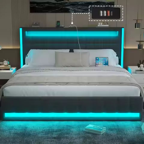 Queen Bed Frame with 2 Storage Drawers,Charging Station,Storage Headboard and LED Lights,Remote Control/Noise-Free/Dark Gray https://tinyurl.com/25ch83qg