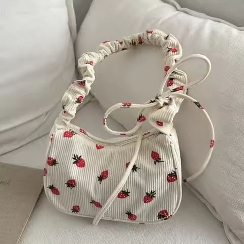 Women Small Underarm Bag Corduroy Handbag Cute Strawberry Print Little Tote Half Moon Design Eco Cloth Purse Mini Shoulder Bags https://tinyurl.com/29rmxpqa