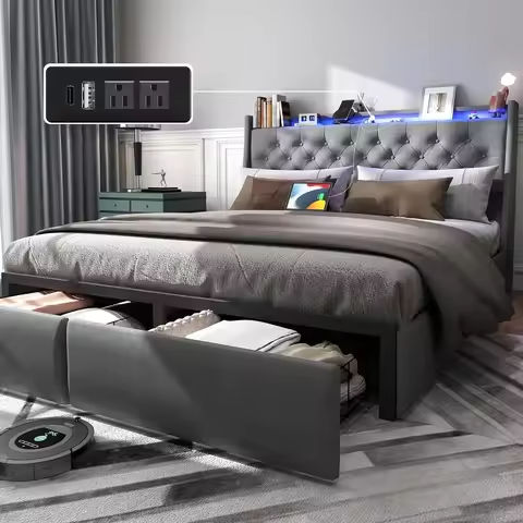 bedstead, with Charging Station and 4 Storage Drawers, Velvet Upholstered Platform Bed with Headboard, Metal Frame, bedstead https://tinyurl.com/2bwhp8k6