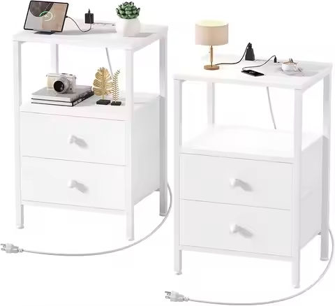 Nightstand with Charging Station, Wooden Top Bedside Table with Drawer and Storage Space for Bedroom, Black https://tinyurl.com/2apgz2zu
