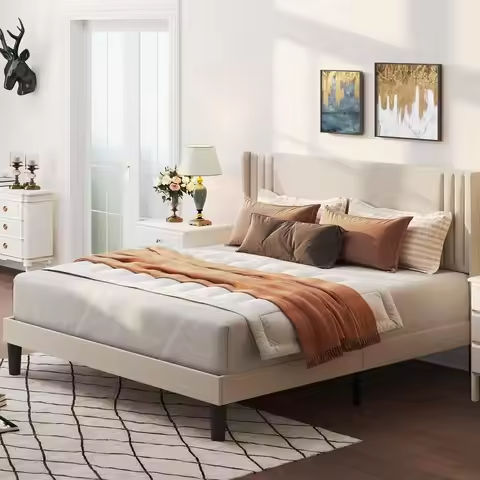 Jocisland Queen Size Bed Frame 53.6” Tall Headboard LED Lights and Charging Station, Velvet High Upholstered Platform Bed Wingb https://tinyurl.com/23jde4v3