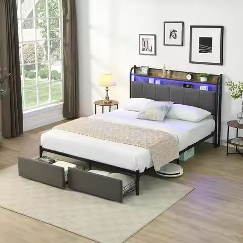 King Size Bed Frame with Velvet Headboard and LED Lights， Storage Headboard Platform Bed with Charging Station https://tinyurl.com/263vtrov