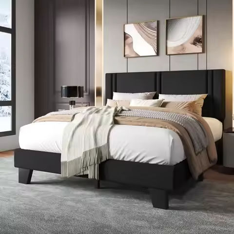 HOOMIC Metal Bed Frame with Upholstered Finely Stitched Headboard, Linen Fabric, Sturdy Foundation, No Box Spring Needed https://tinyurl.com/24lqrkj2