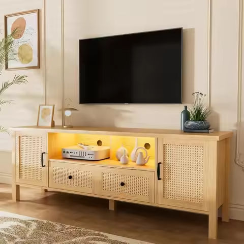 63″ LED TV Stand for Televisions up to 70In, TV Cabinet with Adjustable Glass Storage Shelves, Modern LED Entertainment Center https://tinyurl.com/28ts4qcc