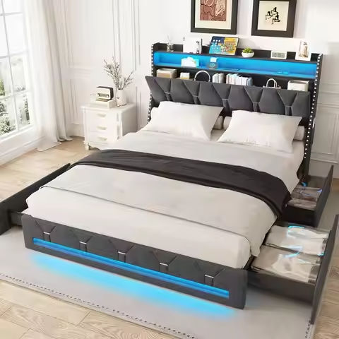 King Bed Frame with LED Lights Headboard & USB-C/A Charging Station, Modern Upholstered King Size Platform Bed with Storage Draw https://tinyurl.com/25qf8ywx