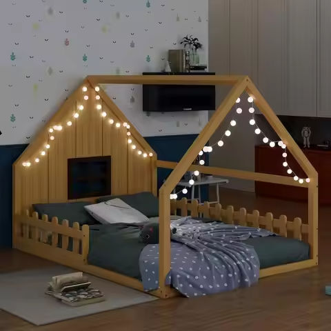 Full Size House Bed with Fence, Wooden Montessori Bed with Slats Support, Floor Bed Frame for Boys Girls Bedroom https://tinyurl.com/2a39w3s2