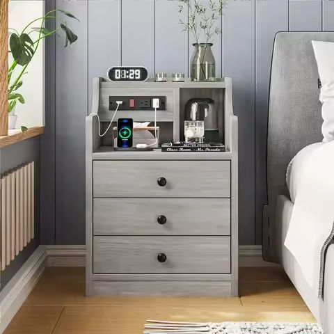 Nightstand with Charging Station Bedroom End Side Table with USB Ports  outlets Modern Record Player Stand 2-Tier Bedside Table https://tinyurl.com/242bfth9