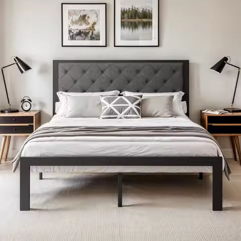 Queen Size Bed Frame, Faux Leather Upholstered Platform with Headboard https://tinyurl.com/25njmbw7