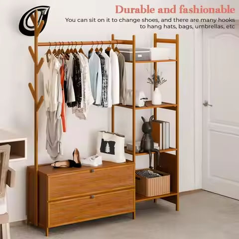 5′ Closet System, 60′ Walk-In Closet Organization System, Heavy Duty Clothes Racks with Built-In Hangers, 59’L X 16’W X 71’H https://tinyurl.com/2xqp6w5p