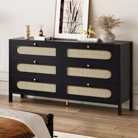 6 Drawer Dresser, 54″ Wide Mid Century Modern Chest of Drawers, Beveled Profile Design, Dresser TV Stand, Wood Drawer Or https://tinyurl.com/27vwshpb